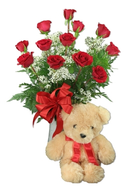 red roses and teddy bear